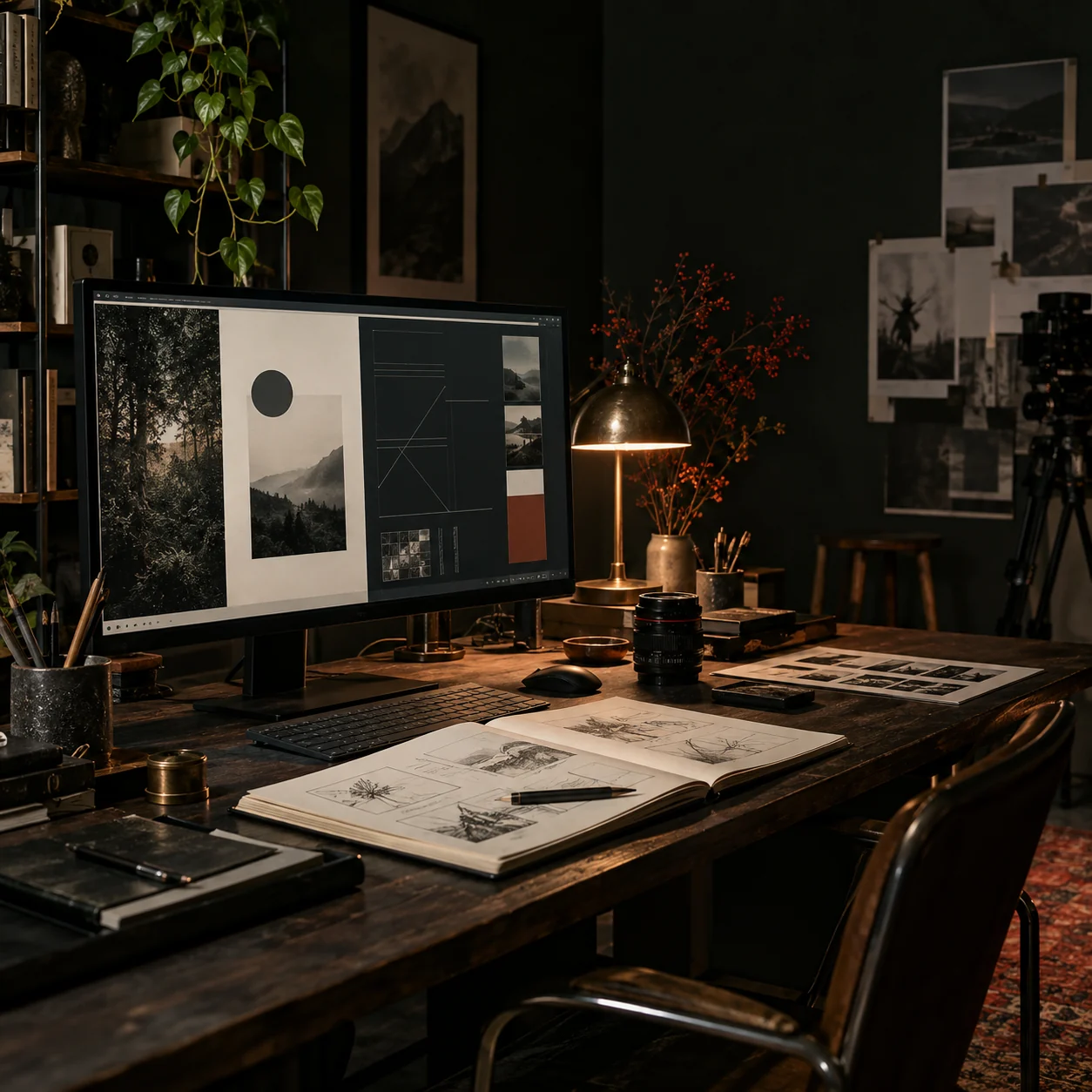 A multidisciplinary creative studio with interface design, sketches, and cinematic tools