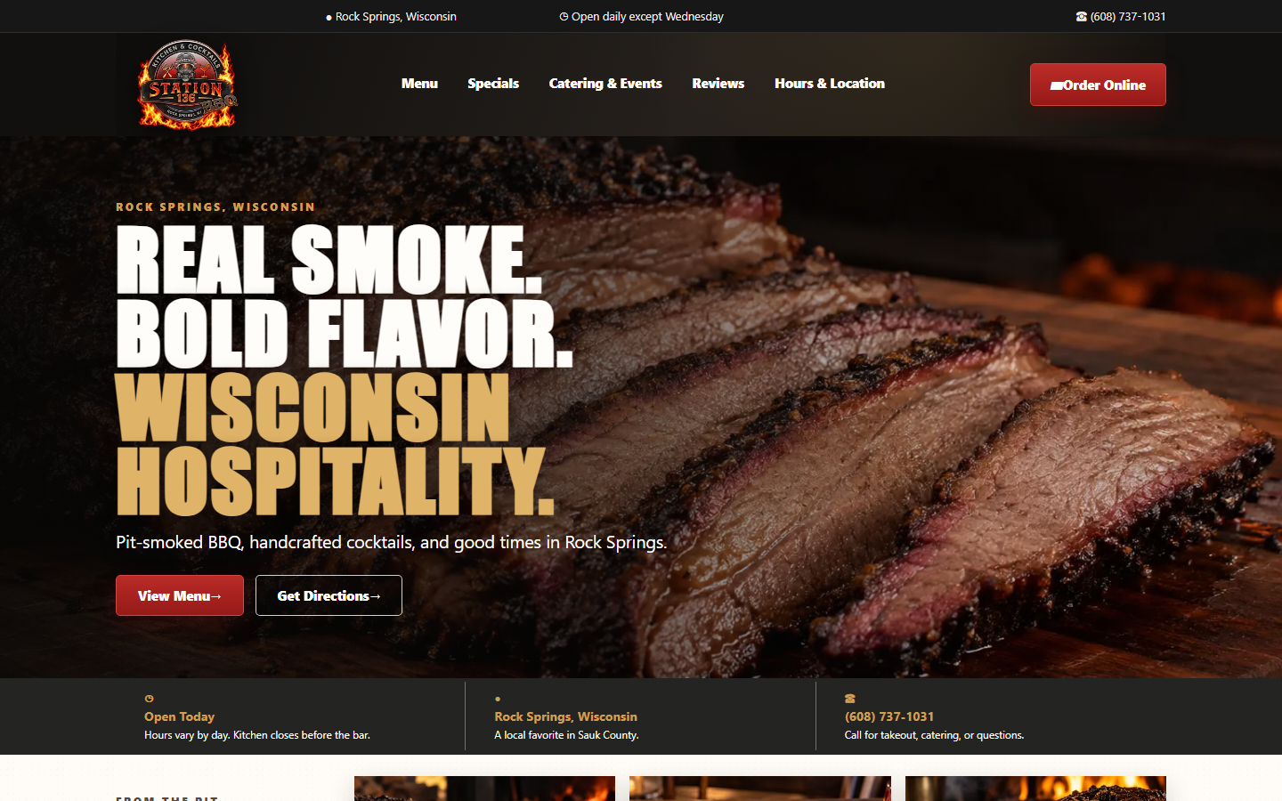Station 136 website homepage showing the restaurant navigation, smoked brisket, and ordering calls to action