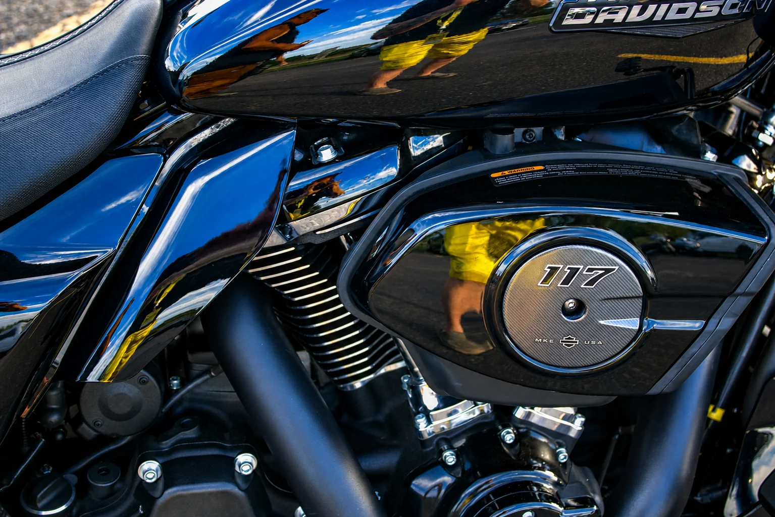 Close-up of a polished Harley-Davidson 117 motorcycle engine